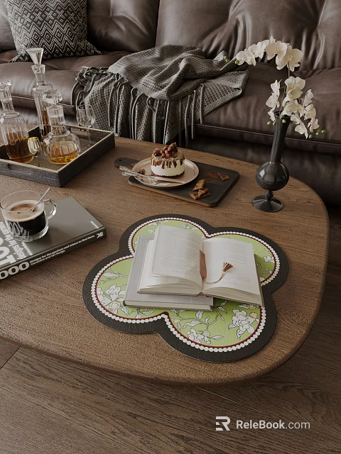 Elegant Modern Living Room Interior With Wooden Coffee Table Open Book And Flower Vase 3d model 