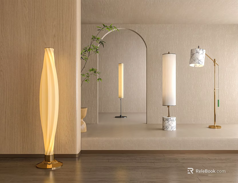 Stylish Floor Lamps In Modern Interior With Mirror And Plants 3d model 