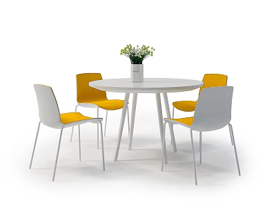 Modern Round White Dining Table And Chairs Set With Yellow Cushions And Flower Vase 3d model