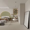 Modern Bedroom Interior With Two Beds Light Green Arched Walls Circular Decorations And Pendant Light 3d model
