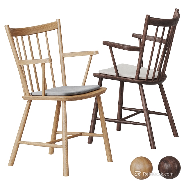 Modern Wooden Dining Chairs With Armrests And Upholstered Seats In Light And Dark Wood Tones 3d model 