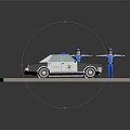 3D Rendered Police Officer Human Figure With Open Arms And Patrol Car With Emergency Lights