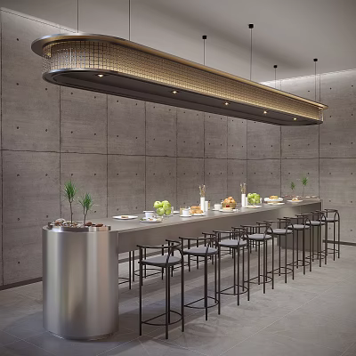 Bar Table High Stools With Gray Concrete Wall Long Pendant Light Fruits Green Plants 3d model