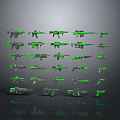 Various Types of Black and Green Weapons Neatly Arranged in