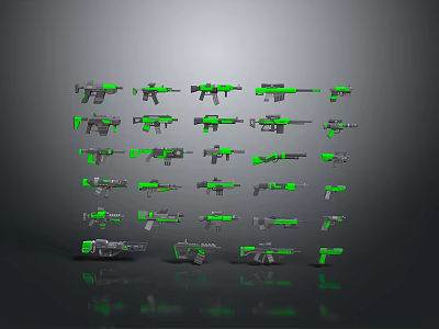 Various Types of Black and Green Weapons Neatly Arranged in 3d model
