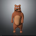 Cartoon Red Bear with Big Eyes and Orange Belly Standing on Gray Background