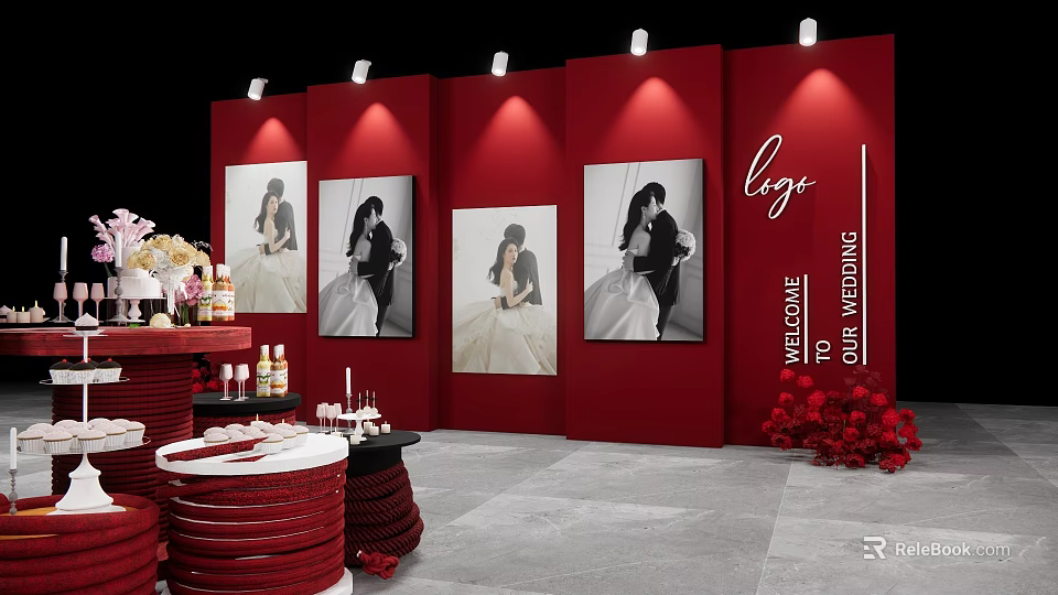 Elegant Wedding Stage With Red Backdrop Bridal Photos And Floral Decorations 3d model 