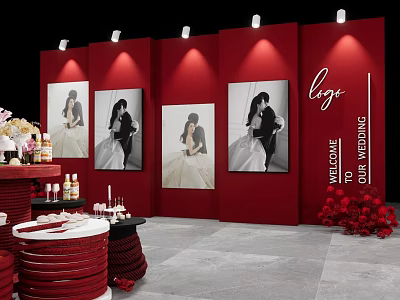 Elegant Wedding Stage With Red Backdrop Bridal Photos And Floral Decorations 3d model