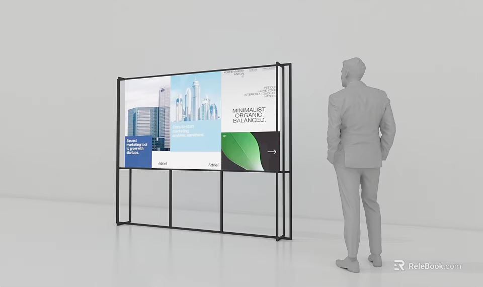 Man Viewing Minimalist Architecture Billboard Featuring Urban Building Designs 3d model 