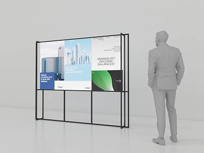 Man Viewing Minimalist Architecture Billboard Featuring Urban Building Designs 3d model
