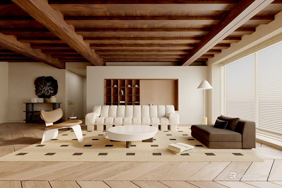 Warm Living Room Interior Design With Wooden Ceiling Beams White Sofa Round Coffee Table And Rug 3d model 