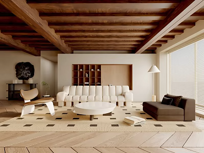 Warm Living Room Interior Design With Wooden Ceiling Beams White Sofa Round Coffee Table And Rug 3d model