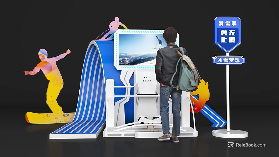 Interactive Zone Featuring Person With Backpack Using Scenic View Interactive Screen And Blue Yellow Decorations 3d model 