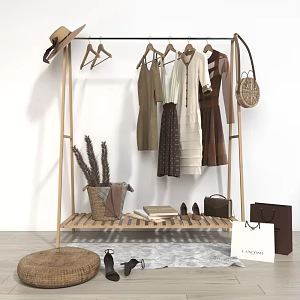 Hanger Combination Coat Hood Combination Storage Basket Shoes and Hats Combination Shopping Bag Hanger Log Hanger Straw Hat Ladies dress Solid Wood Hanger 3d model