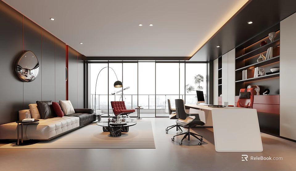 Modern Office Interior With Black Red White Leather Sofa Desk Bookshelf Floor Lamp Large Windows 3d model 
