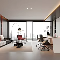 Modern Office Interior With Black Red White Leather Sofa Desk Bookshelf Floor Lamp Large Windows