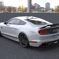 White Ford Mustang Sporty Coupe With Black Red Stripes And Bold Front Design