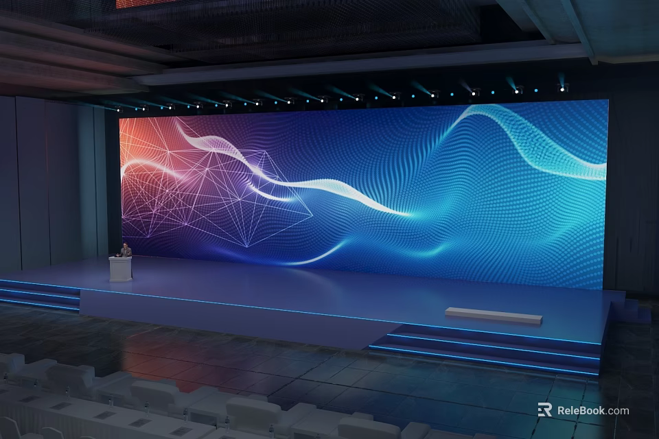 Stage With Large LED Screen Blue Pink Gradient Wave Lines Geometric Patterns Steps And Seats 3d model 