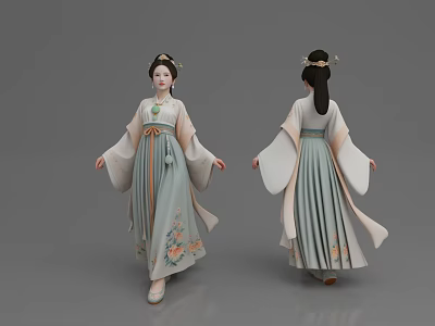Women Wearing Traditional Hanfu With Floral Patterns And Hair Accessories Front Back Views 3d model