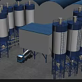 Industrial Factory with Multiple Blue and White Silos Blue Roof Building and Blue Truck