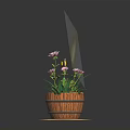 Green Plants With Pink Flowers In Wooden Barrel Pot And Bee