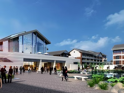 Commercial Street With Modern Architecture Pedestrians Open Plaza Water Features And Greenery 3d model