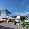 Commercial Street With Modern Architecture Pedestrians Open Plaza Water Features And Greenery