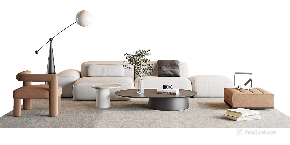 Modern Minimalist White Leather Sofa and Round Coffee Table Set With Floor Lamp Green Plant 3d model 