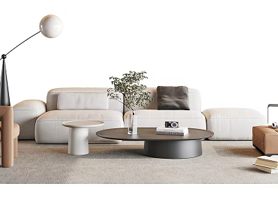 Modern Minimalist White Leather Sofa and Round Coffee Table Set With Floor Lamp Green Plant 3d model