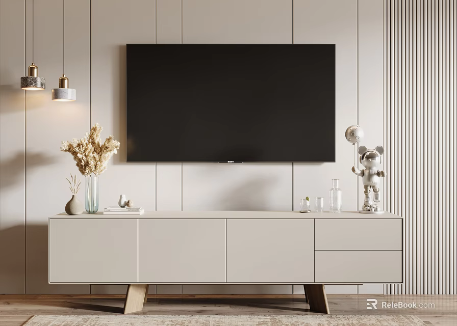 Modern Minimalist Light Colored TV Stand With Decorations Wall Lamps And Striped Wall 3d model 