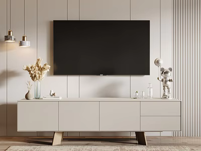 Modern Minimalist Light Colored TV Stand With Decorations Wall Lamps And Striped Wall 3d model