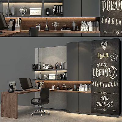 Modern Home Office Desk And Chair Set With Wooden Shelves And Decor 3d model