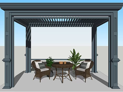 Outdoor Pergola Seating Area With Wicker Chairs Table And Green Plants 3d model