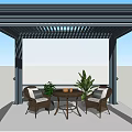 Outdoor Pergola Seating Area With Wicker Chairs Table And Green Plants