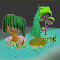 Cartoon Plants Featuring Weeping Willow Pine Tree Small Tree On Green Grass And Blue Water