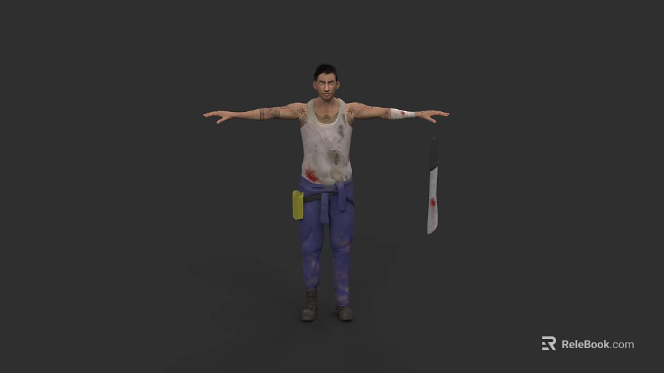 Game Movie Character In Stained White Tank Top Arm Bandages Blue Pants And Small Flag 3d model 