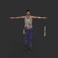 Game Movie Character In Stained White Tank Top Arm Bandages Blue Pants And Small Flag