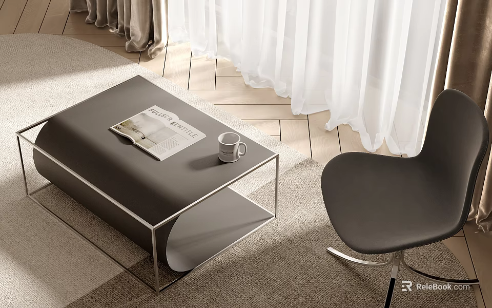 Modern Black Coffee Table With Magazine And Cup Near Chair On Wooden Floor 3d model 
