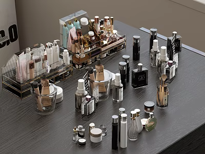 Perfumes And Cosmetics Arranged On A Table 3d model