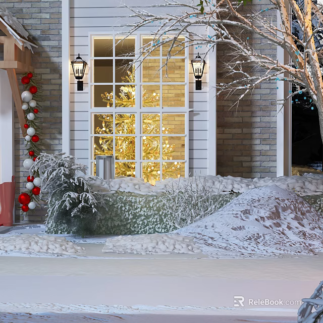 Single Family Home Exterior With Lit Christmas Tree Window Snowy Ground Red White Baubles Decorations 3d model 