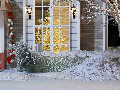 Single Family Home Exterior With Lit Christmas Tree Window Snowy Ground Red White Baubles Decorations 3d model