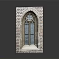 Gothic Architectural Window Structure Featuring Brick Wall Arched Design And Stained Glass
