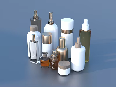 Perfume and Cosmetic Bottles with Various Shapes Different Sizes and White Gold Transparent Brown Colors 3d model