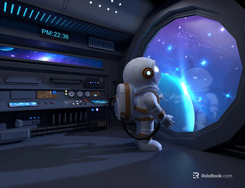 Astronaut In Space Capsule Interior Looking At Starry Sky Through Window With Control Panel 3d model