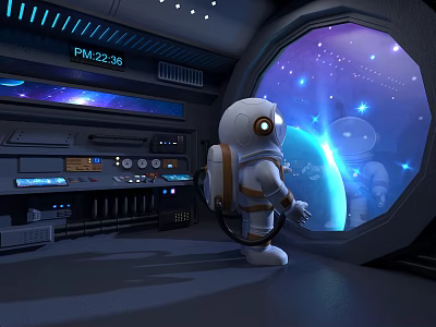Astronaut In Space Capsule Interior Looking At Starry Sky Through Window With Control Panel 3d model