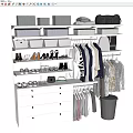 Organized Wardrobe With Gray And White Storage Boxes Various Shoes Hanging Garments And Drawers