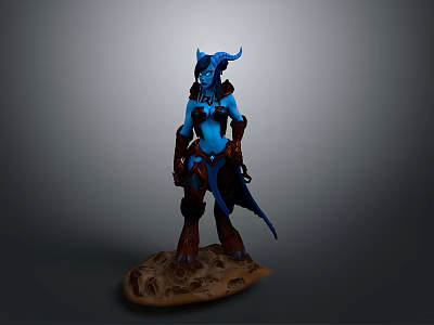 Blue Skinned Horned Armored Game Movie Character Standing On Rock Base Statue 3d model