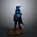 Blue Skinned Horned Armored Game Movie Character Standing On Rock Base Statue