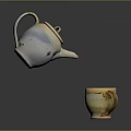 Ceramic Blue And White Teapot Pouring Into Yellow White Mug On Dark Background