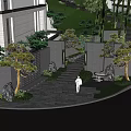 Scenic Park Landscape With Modern White Building Lattice Wall Pine Tree Stone Steps And Greenery